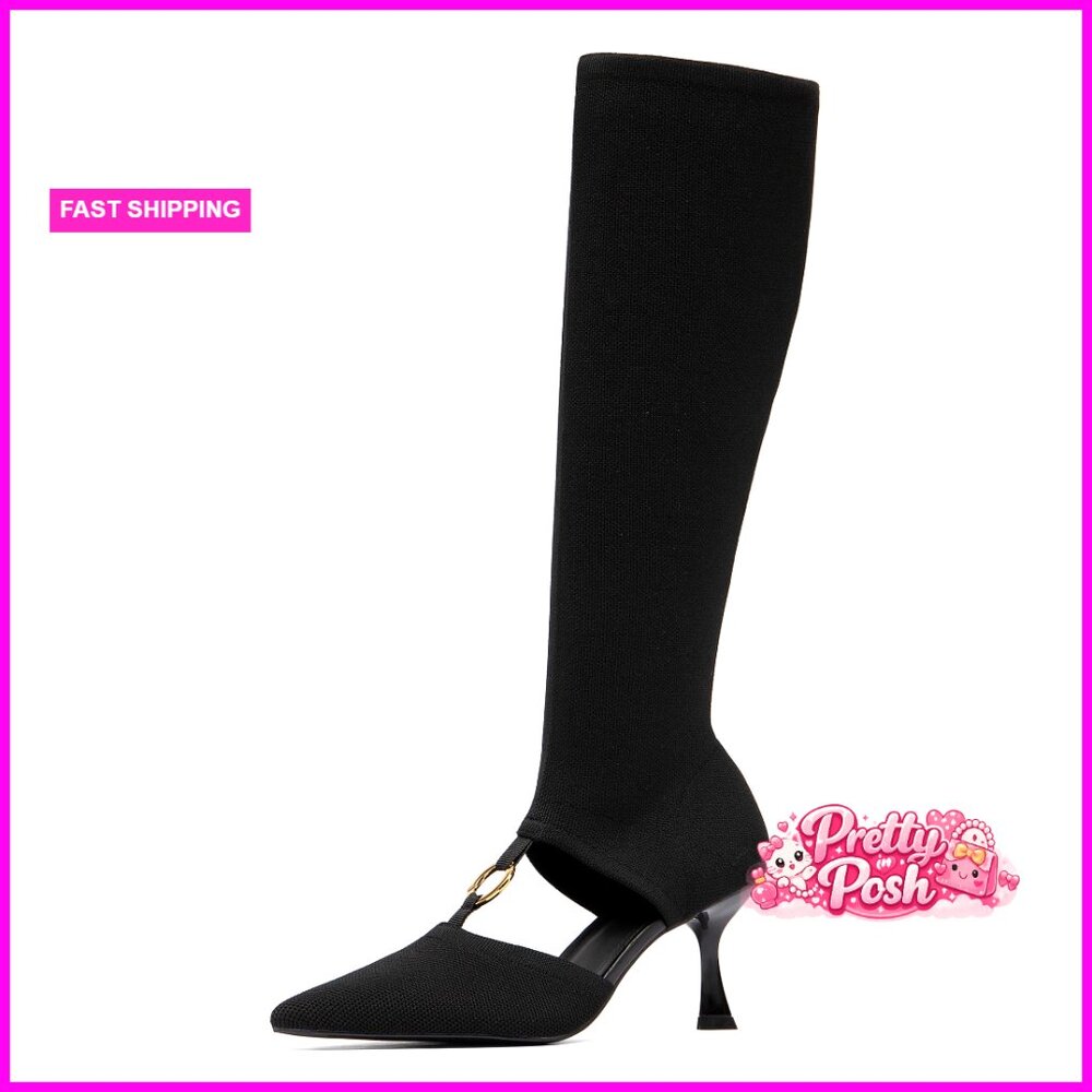 Knee High Stiletto Boots With Pointed Toe And Breathable Mesh Lining